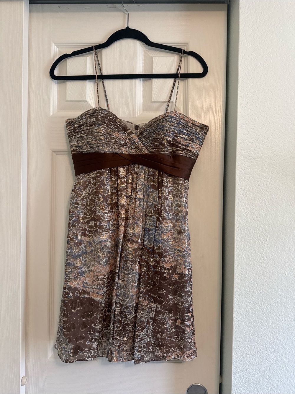 BCBGMaxAzria Brown, Gold & Cream Printed Spaghetti-Strap Mini Dress